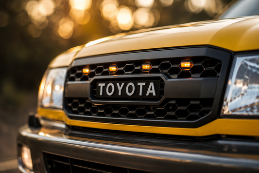 Close-up of the TOYOTA letters and amber Raptor lights on the TRD style grille for 1998-2002 Land Cruiser