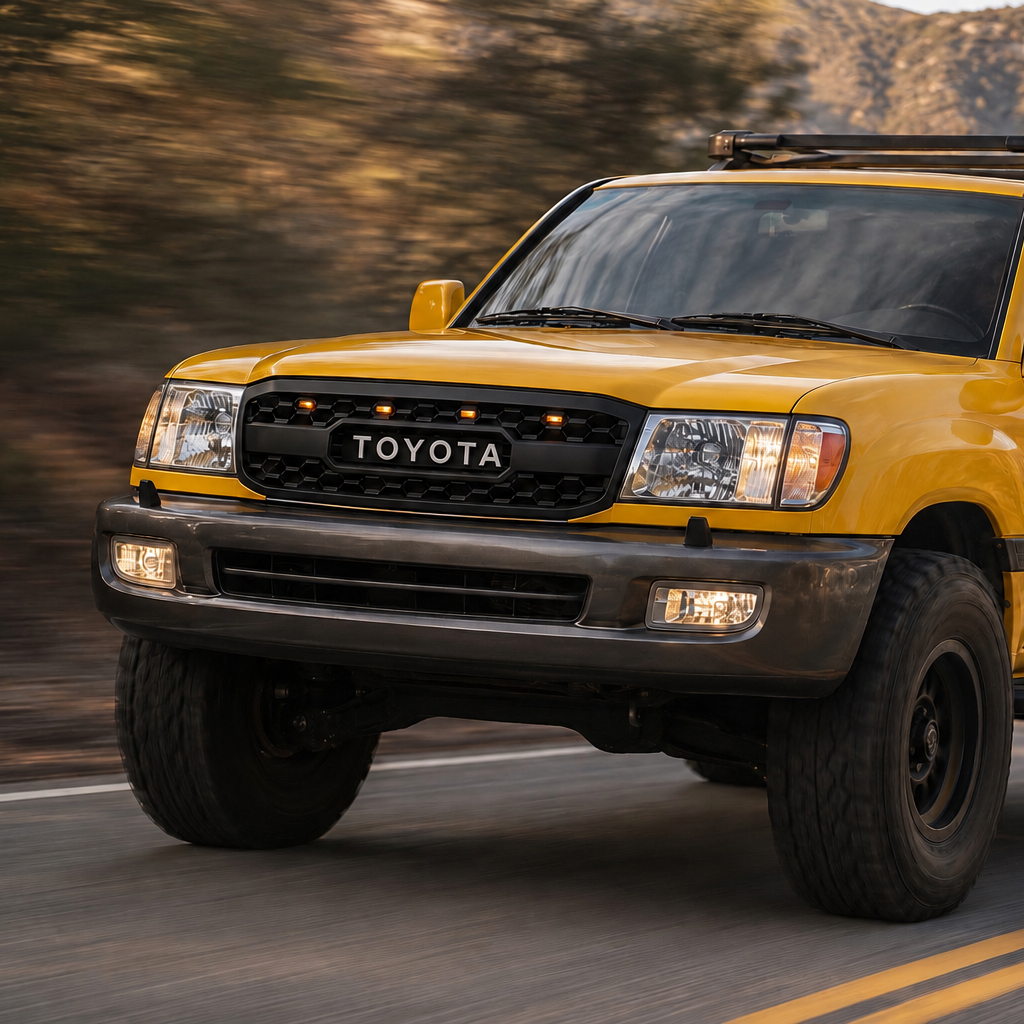 Yellow 2003-2006 Land Cruiser 100 Series with the TRD style grille, driving view