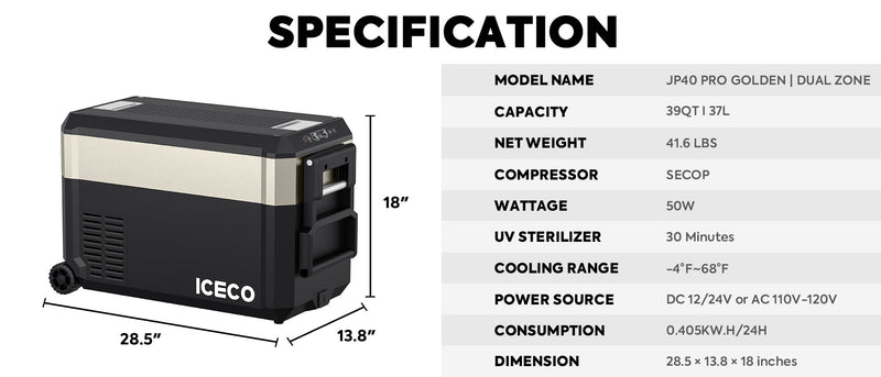 Load image into Gallery viewer, JP40 Pro Dual Zone Wheeled Portable Freezer | ICECO | 40 LT
