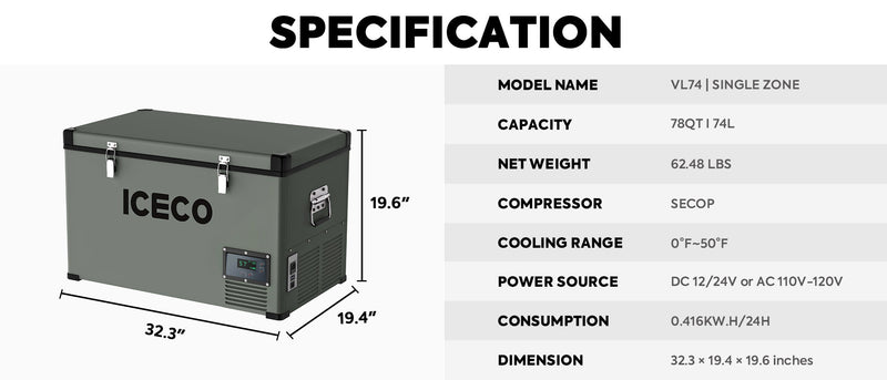 Load image into Gallery viewer, VL74 Single Zone Portable Freezer 12v | ICECO | 74 LT
