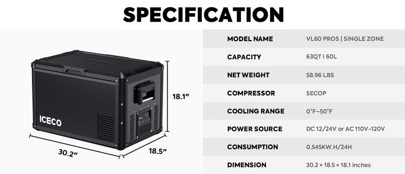 Load image into Gallery viewer, VL60ProS Single Zone Portable Fridge Electric Cooler | ICECO | 60 LT
