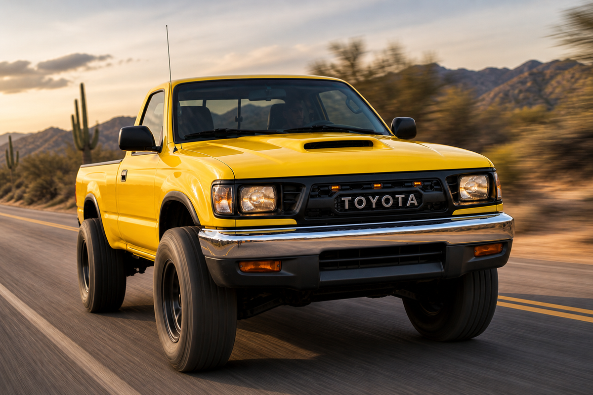 Yellow 1st Gen Tacoma with TRD style grille, driving view