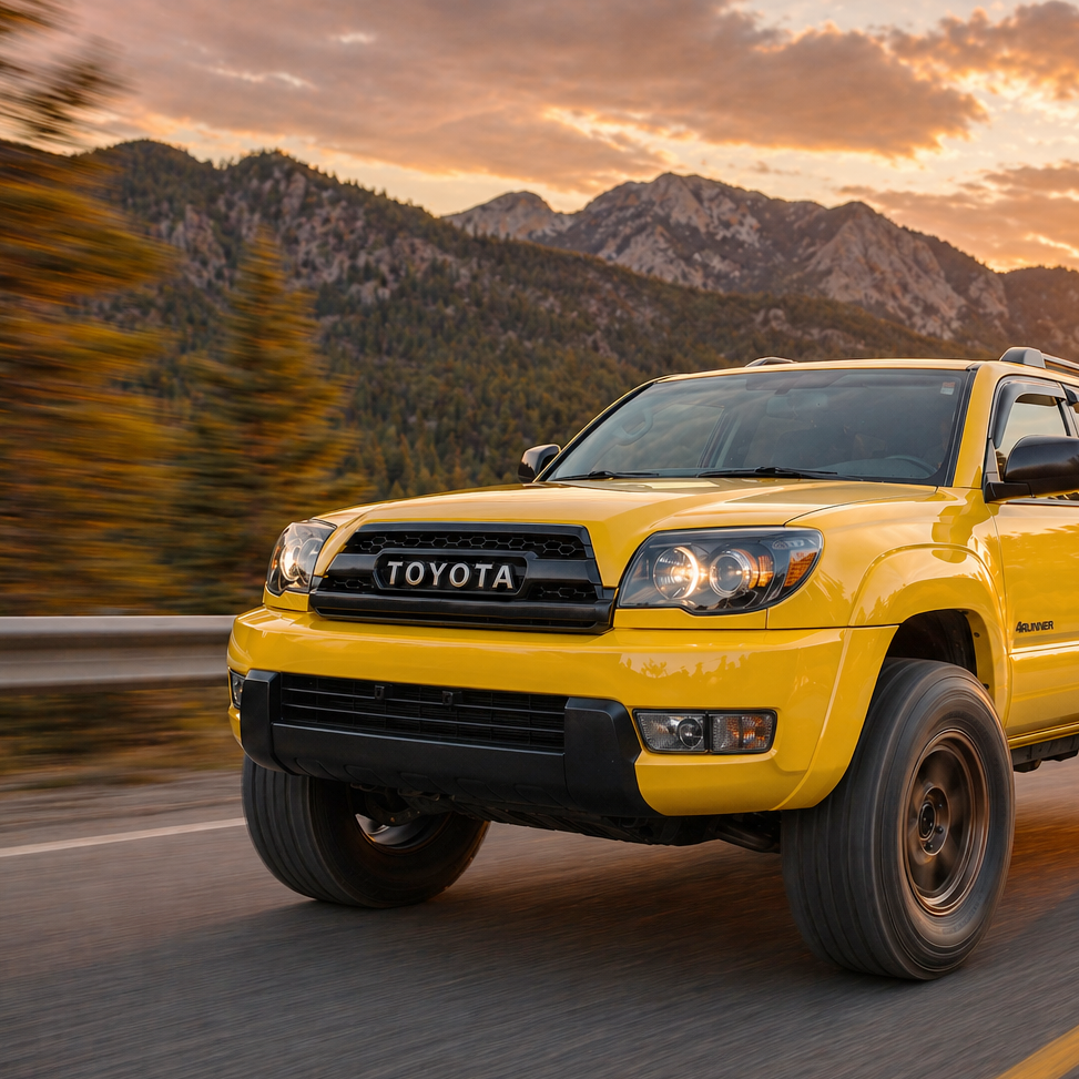 Yellow 2003-2005 4Runner with TRD style grille, driving view