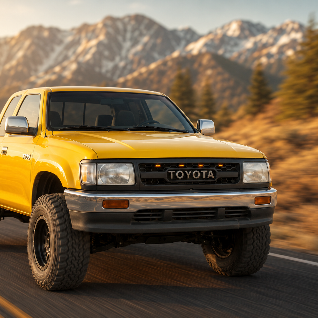 Yellow Toyota T100 with TRD style grille and amber Raptor lights