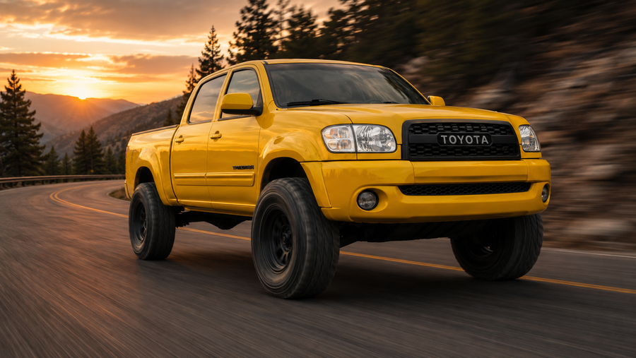 Yellow 1st Gen Tundra with a TRD style grille on the road