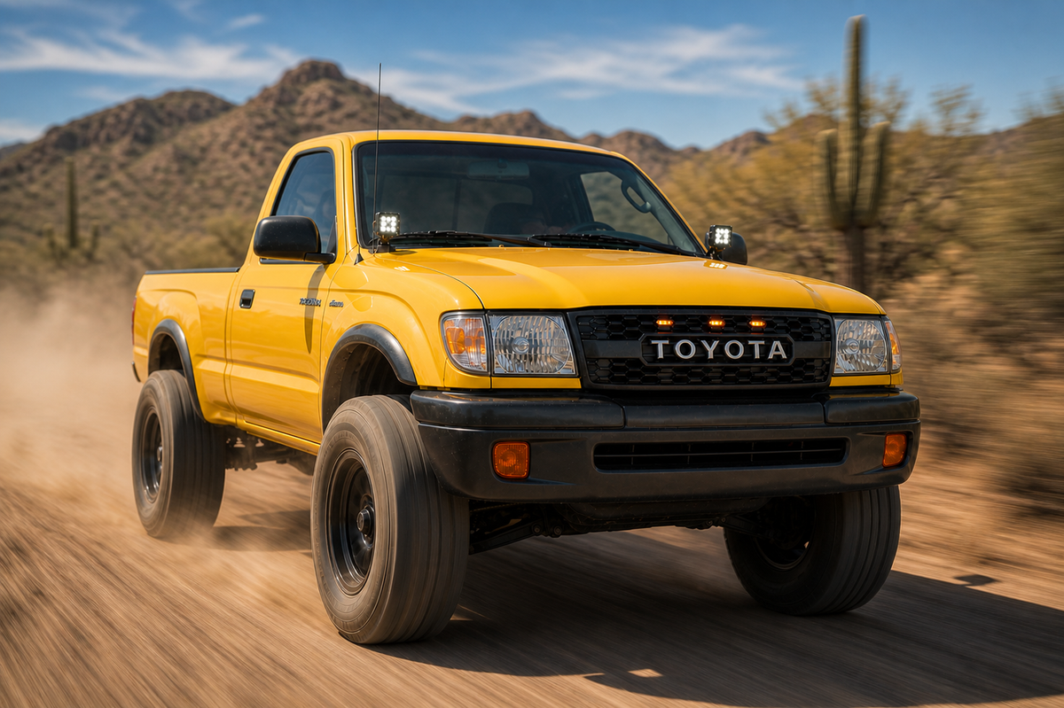 Yellow 1st Gen Tacoma with TRD style grille in the desert