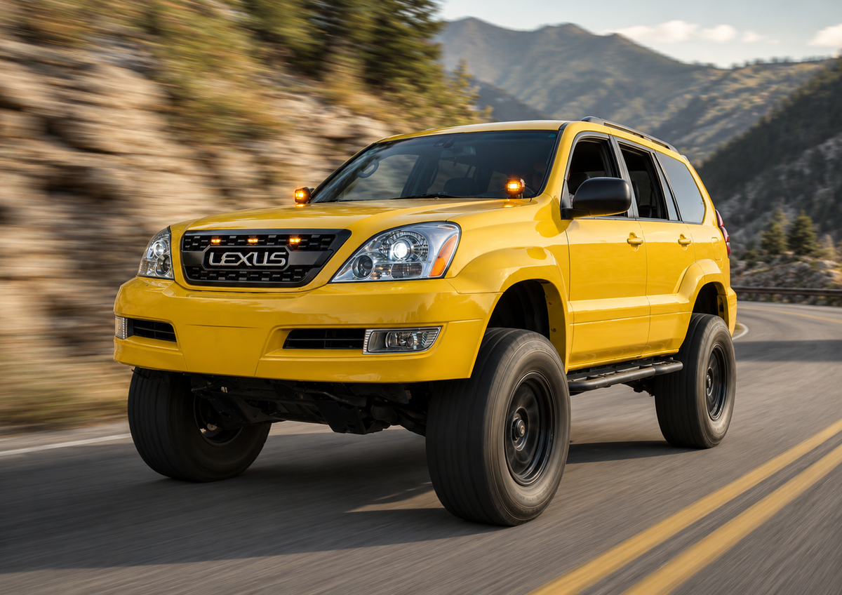 Yellow GX470 with TRD style grille and LEXUS letters, driving view