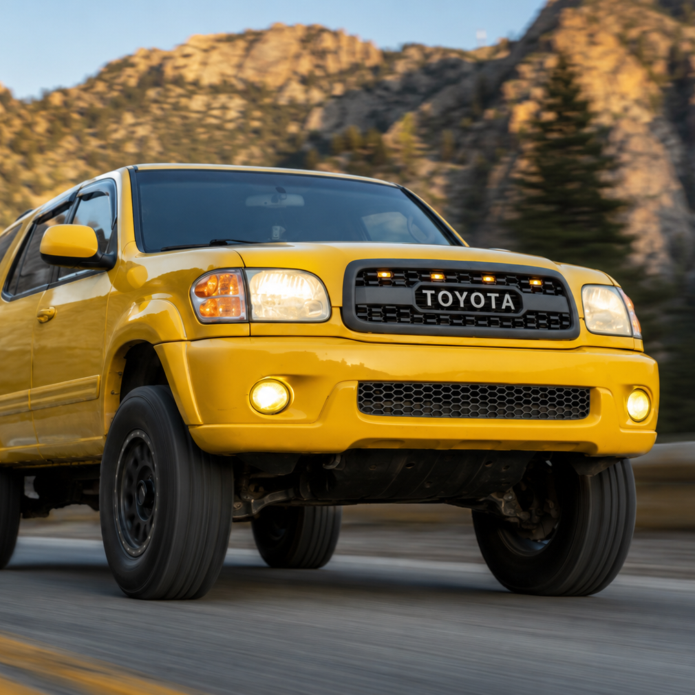 Yellow 2001-2004 Sequoia with TRD style grille and amber Raptor lights
