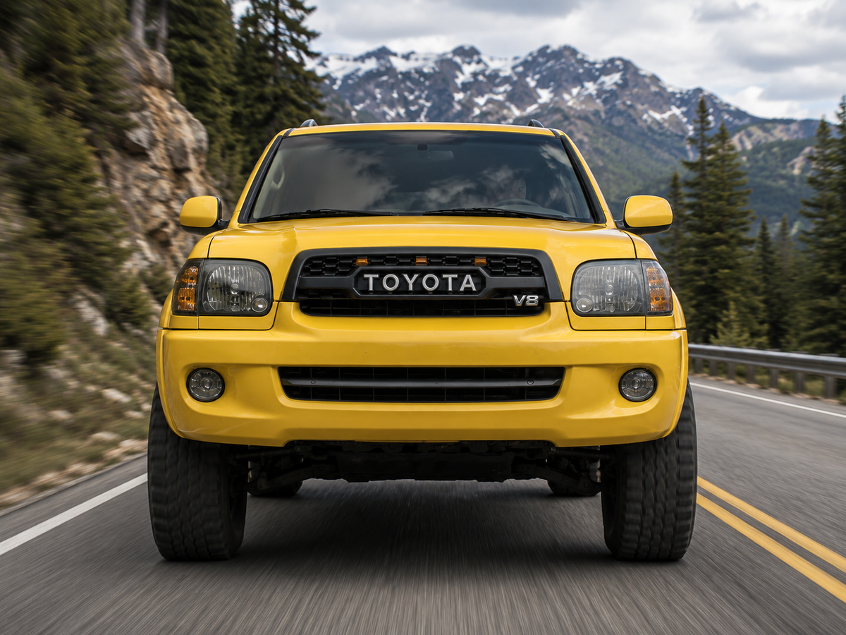 Yellow 1st Gen Sequoia with TRD style grille, front view