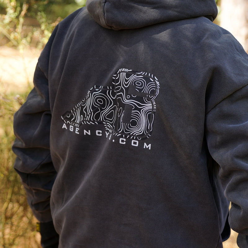 Load image into Gallery viewer, Hooded Sweatshirt - A6 Topographic Logo - Pigment Black
