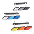 Retro grille badge in Grey White, Blue White and Red Orange Yellow, each with its back plate